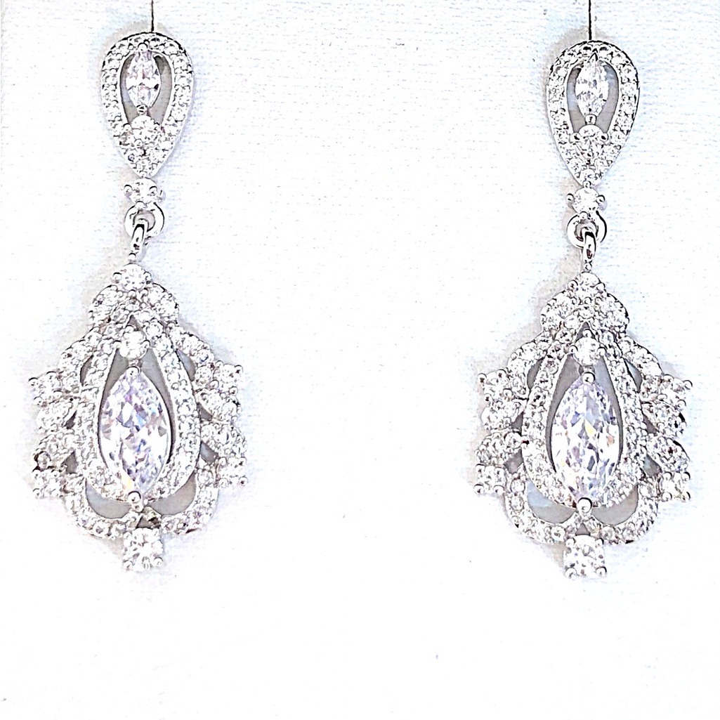 Elegant Bridal Or Evening Cz Dangle Studs With An Elegant Heirloom Look, New